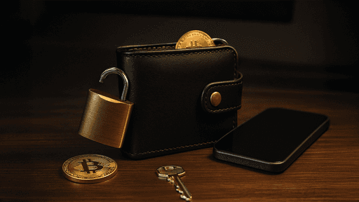 Digital wallet with a padlock, coins, and a smartphone on a dark surface.