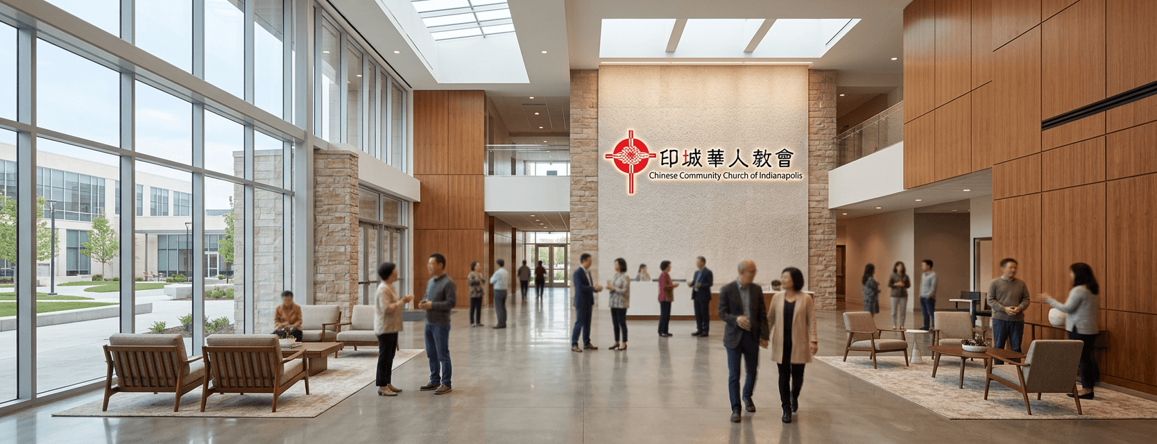 “CCCI logo displayed prominently on the wall of a modern church lobby.