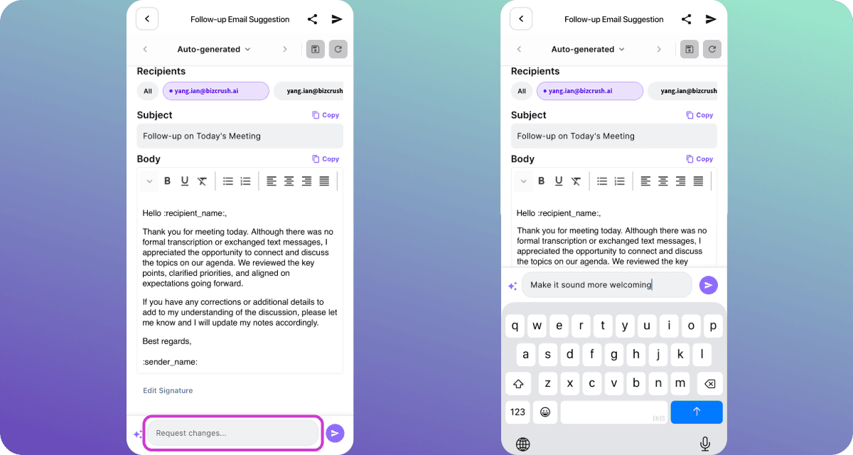 Follow-up Email editor showing the Auto-generated draft with recipients, subject, and body.