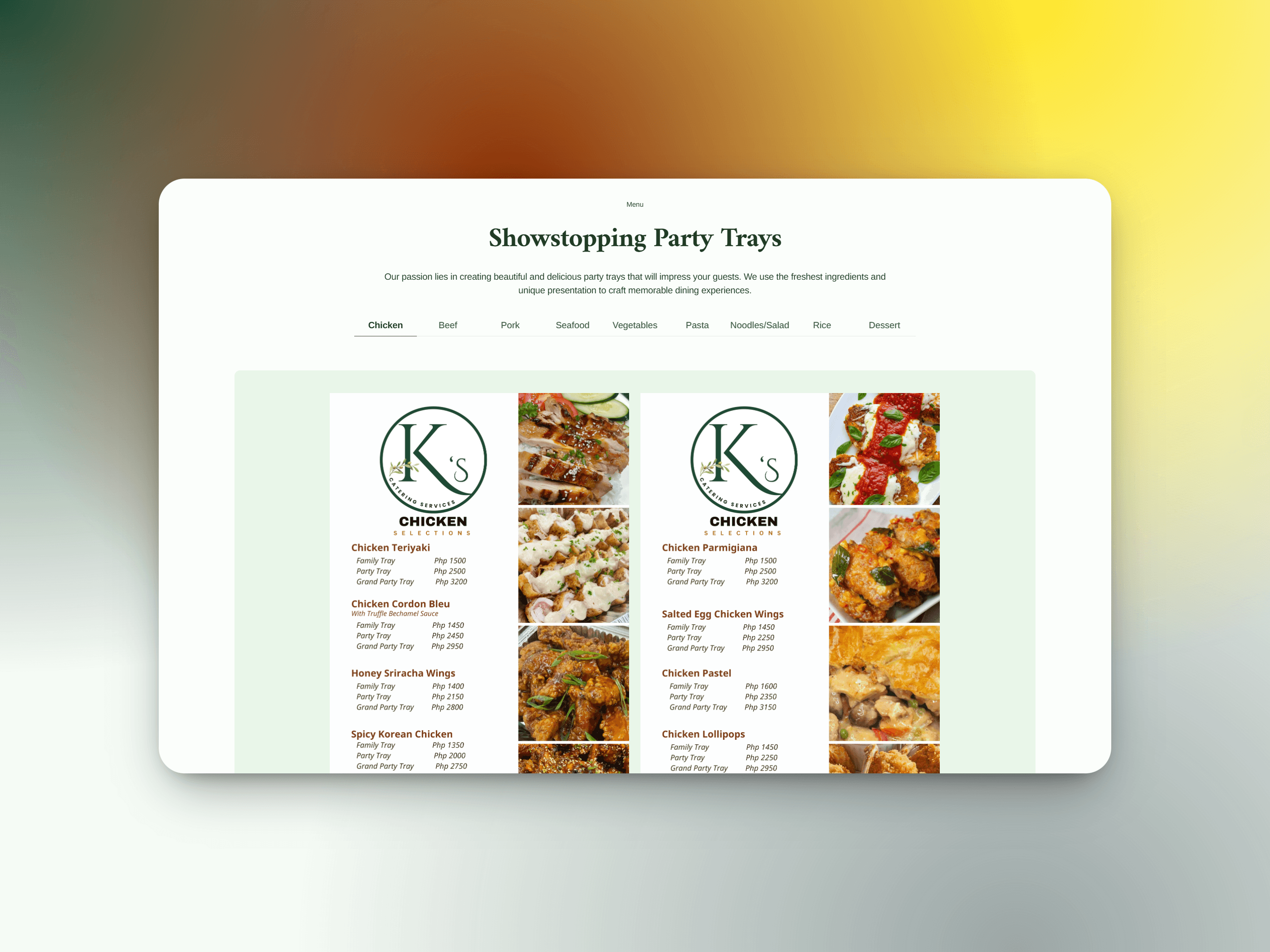 Back picture of K's Catering Services website