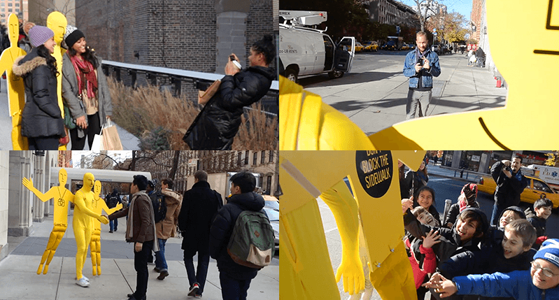 mosaic with four photos with yellow man talking to people
