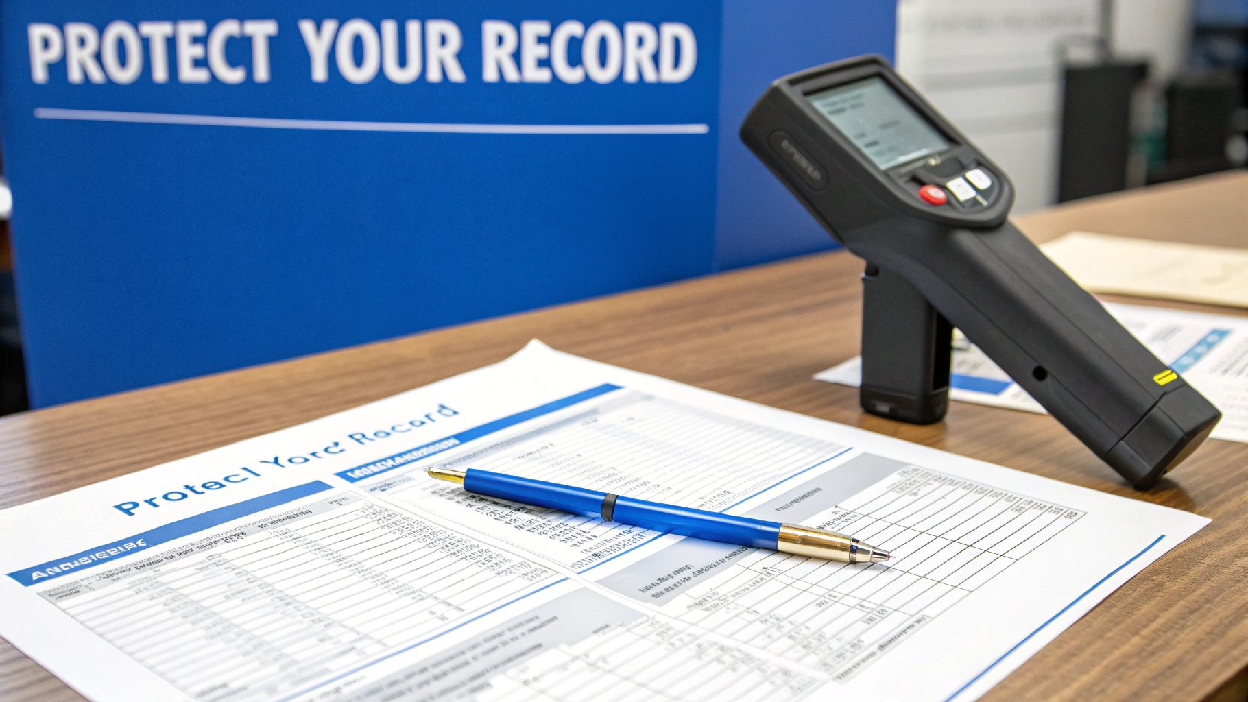A document and blue pen on a wooden desk, with a handheld device and a 'Protect Your Record' sign.