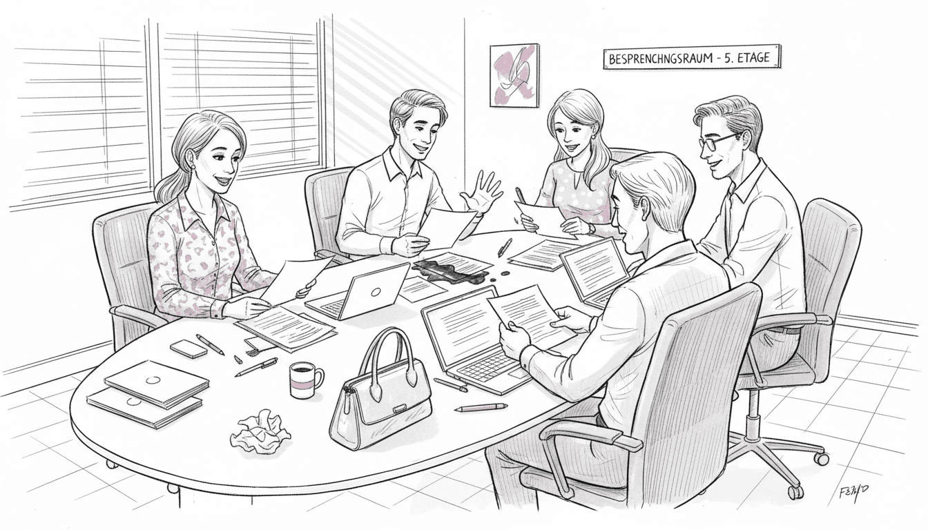 Das Team tauscht sich am Besprechungstisch über Datenschutzfragen aus.