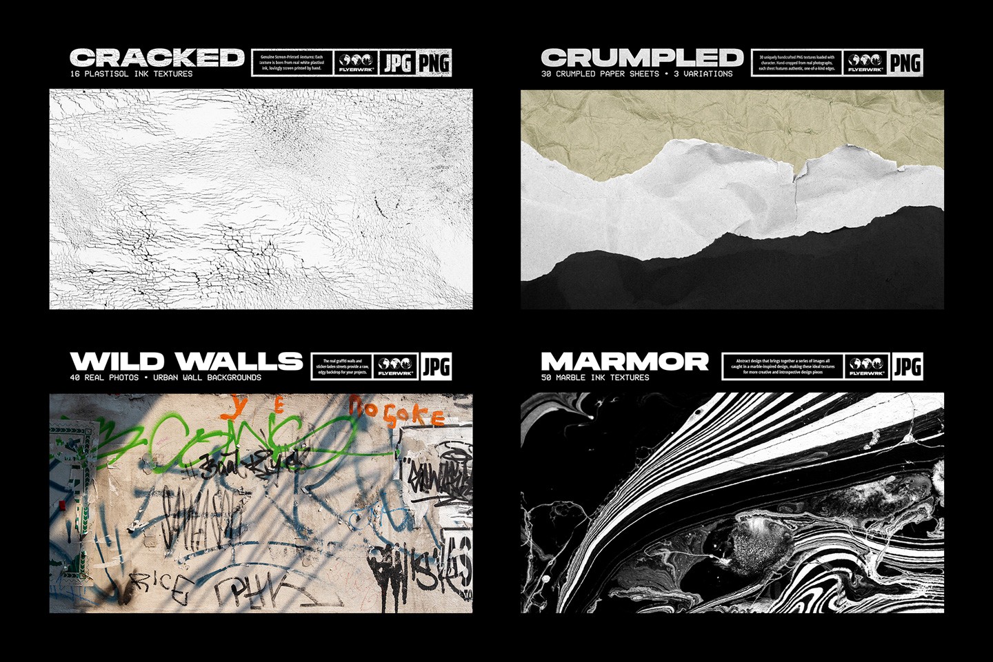 Overview of cracked ink crumpled paper urban wall photos and marble ink texture packs