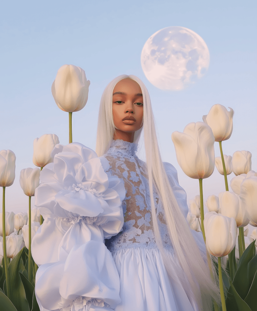 3D rendered portrait of a woman with long platinum white hair standing in a field of white tulips against a pale blue sky with a full moon. She wears a white high-neck lace dress with an oversized sculptural floral ruffle on one shoulder. The overall mood is ethereal and dreamlike.