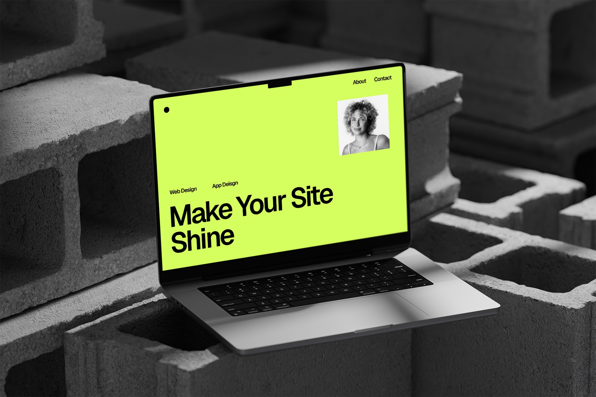 Laptop on concrete bricks, website on screen