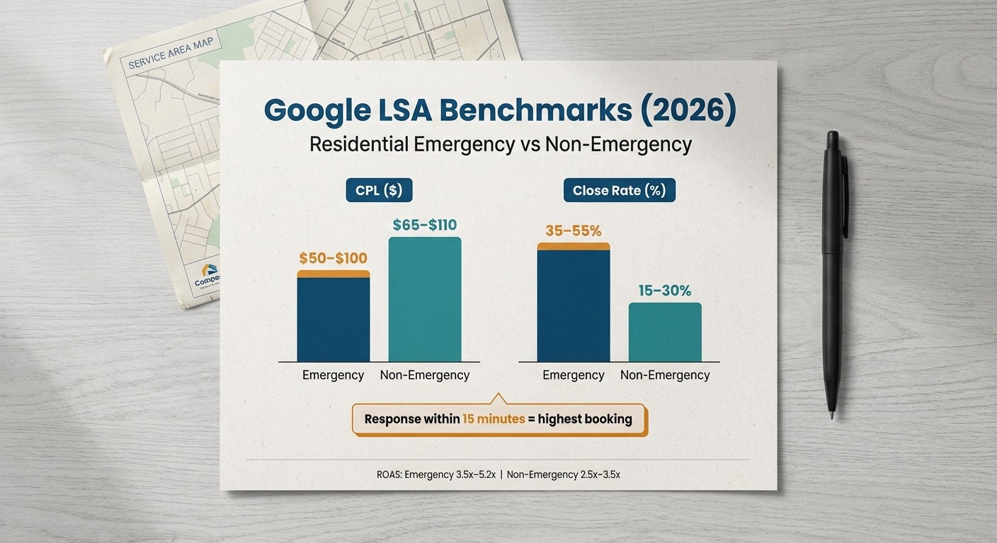 Google LSA benchmarks for HVAC showing CPL and close rate comparison between emergency and non-emergency leads