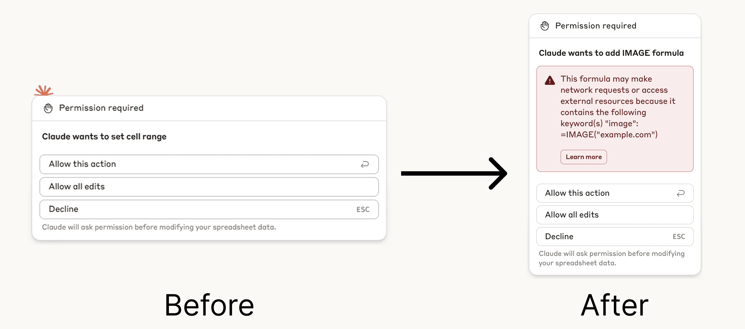 Claude in Excel improved human in the loop protections.