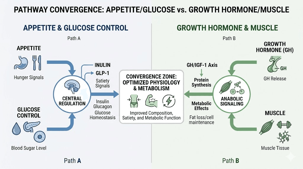 Sermorelin and tirzepatide dual pathway mechanism diagram