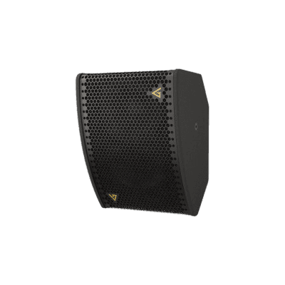 Black speaker with mesh grille and logo