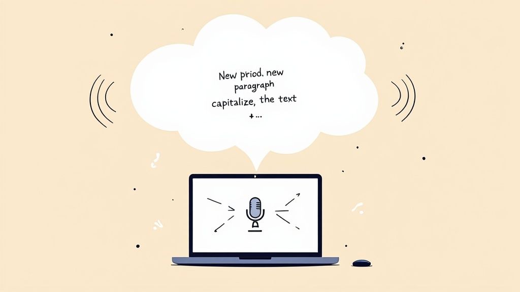 A person speaking into their Macbook, with text appearing on the screen that includes punctuation and formatting like a new paragraph.