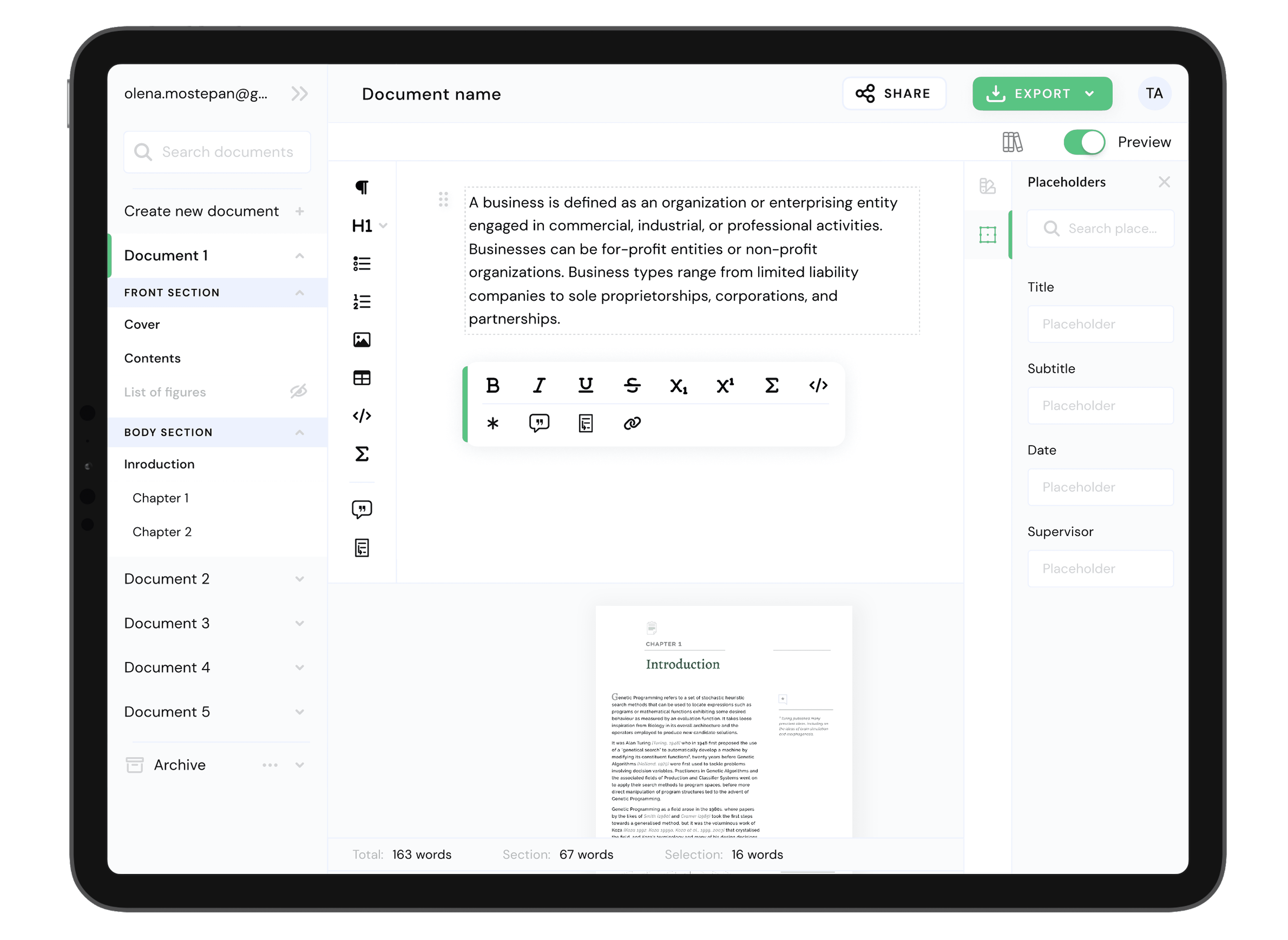Papermill tablet interface showing full editor with document navigation, placeholders panel, formatting tools, and live preview
