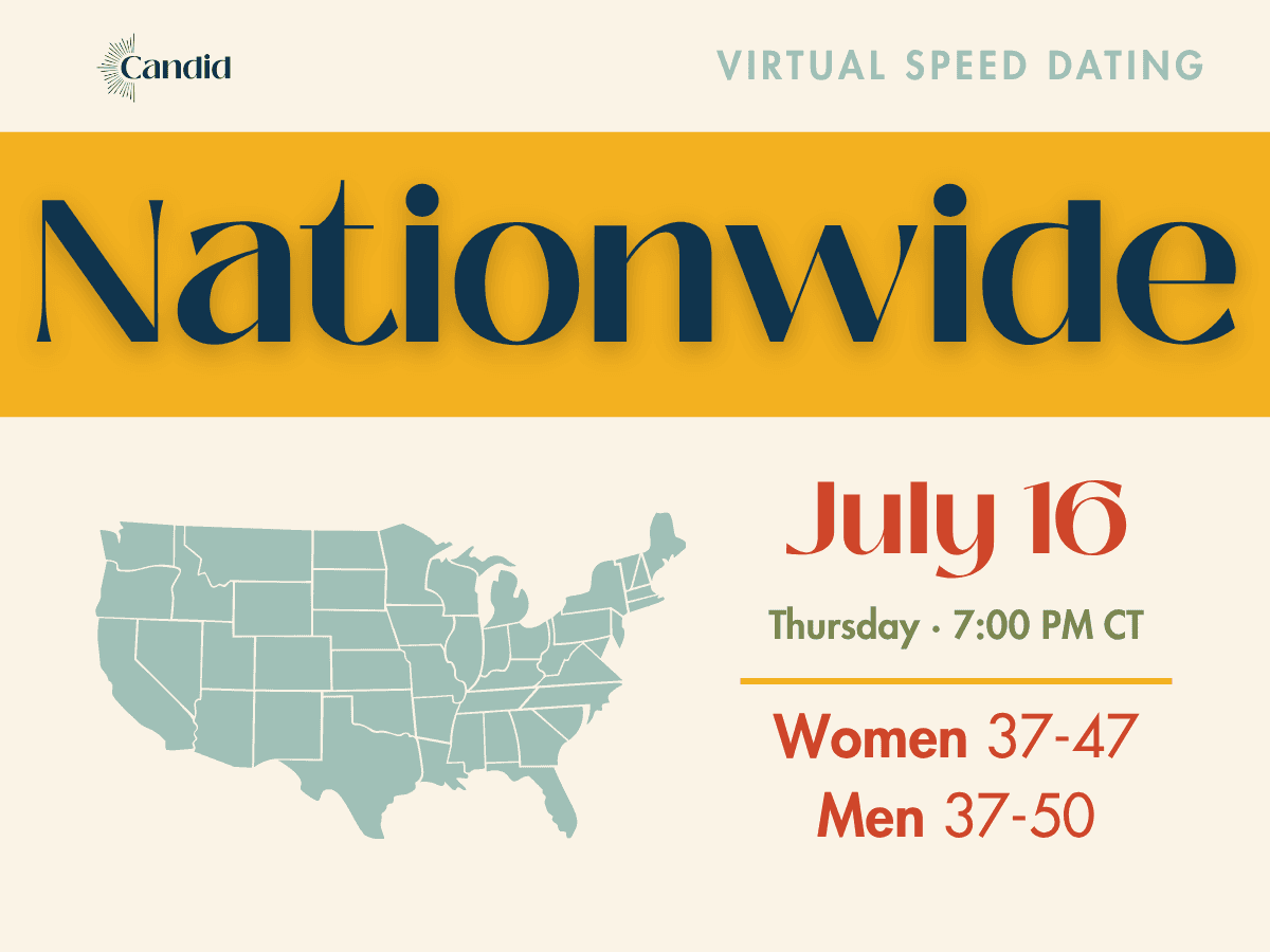 Candid Virtual Speed Dating - Nationwide Event on July 16 at 7:00 PM CT. Open to Catholic singles nationwide. Women ages 37-47, Men ages 37-50.
