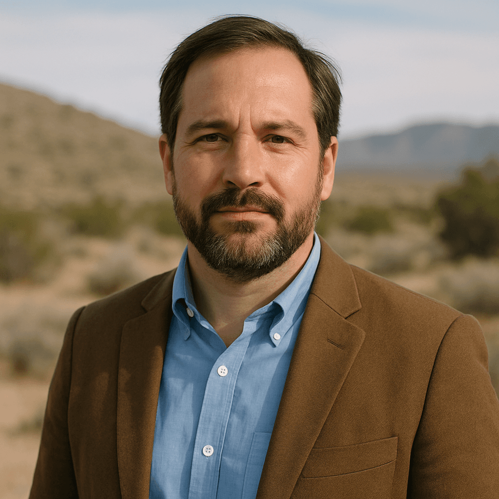 A 43-year-old Anglo-Hispanic man with a light complexion and a neatly groomed dark beard stands outdoors in a sunlit high-desert landscape. He has medium-length brown hair, a stocky build, and wears a light blue button-up shirt with a brown business-casual blazer. The background shows blurred desert vegetation and distant mountains.