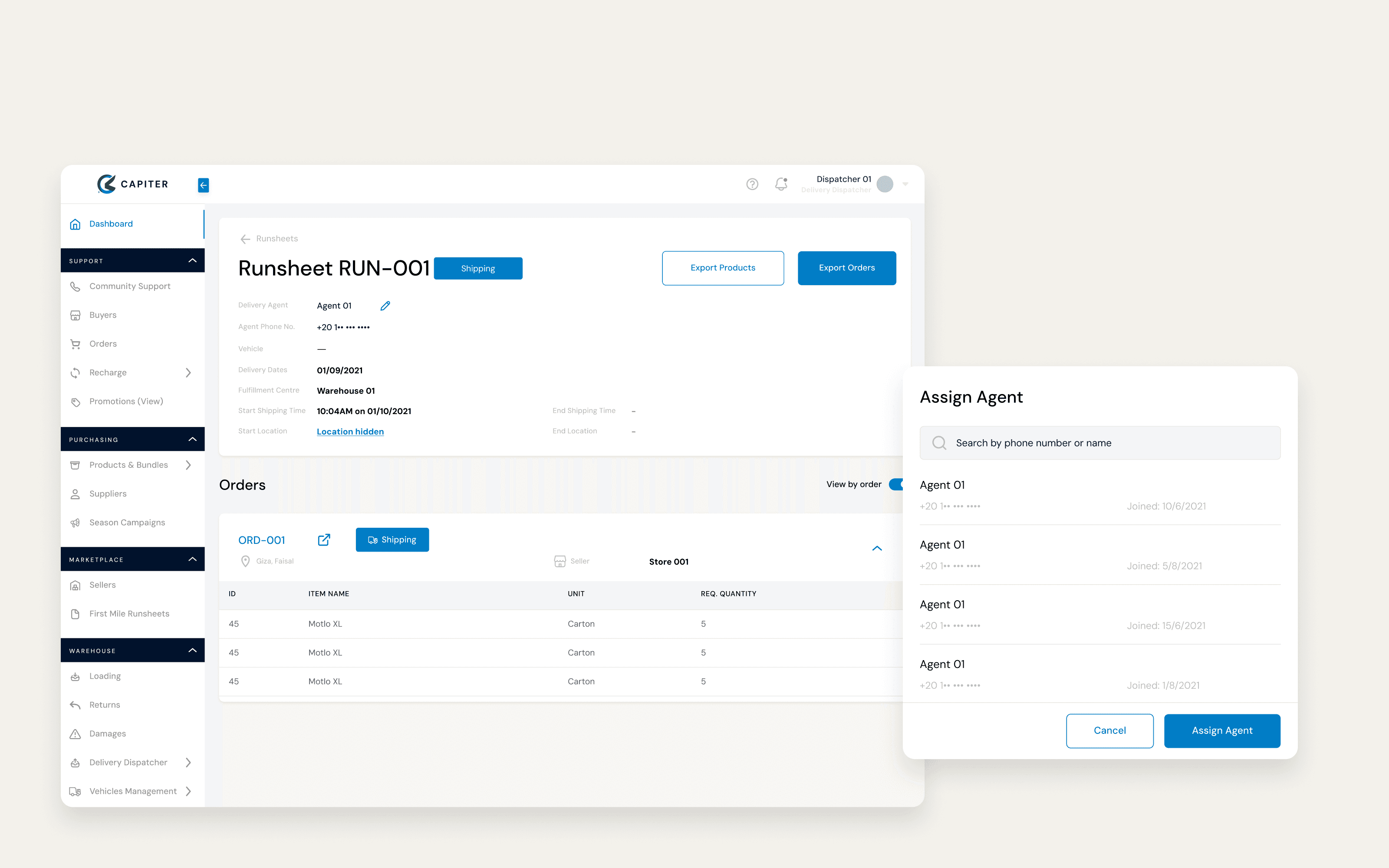 A runsheet in the dashboard, assigned to an agent