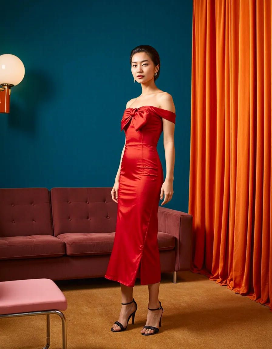 Woman in elegant red off-shoulder dress posing in retro studio with teal walls and orange curtains
