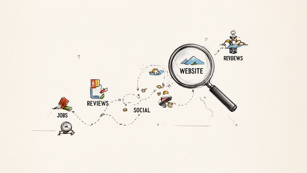 Diagram showing various data sources like jobs, reviews, and social media funneling into website analysis.