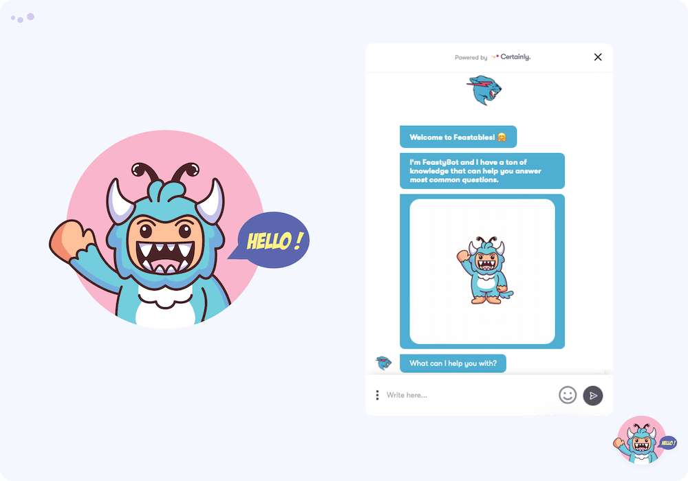 A gif of the FeastyBot, the Feastables Chatbot, in the Certainly widget.