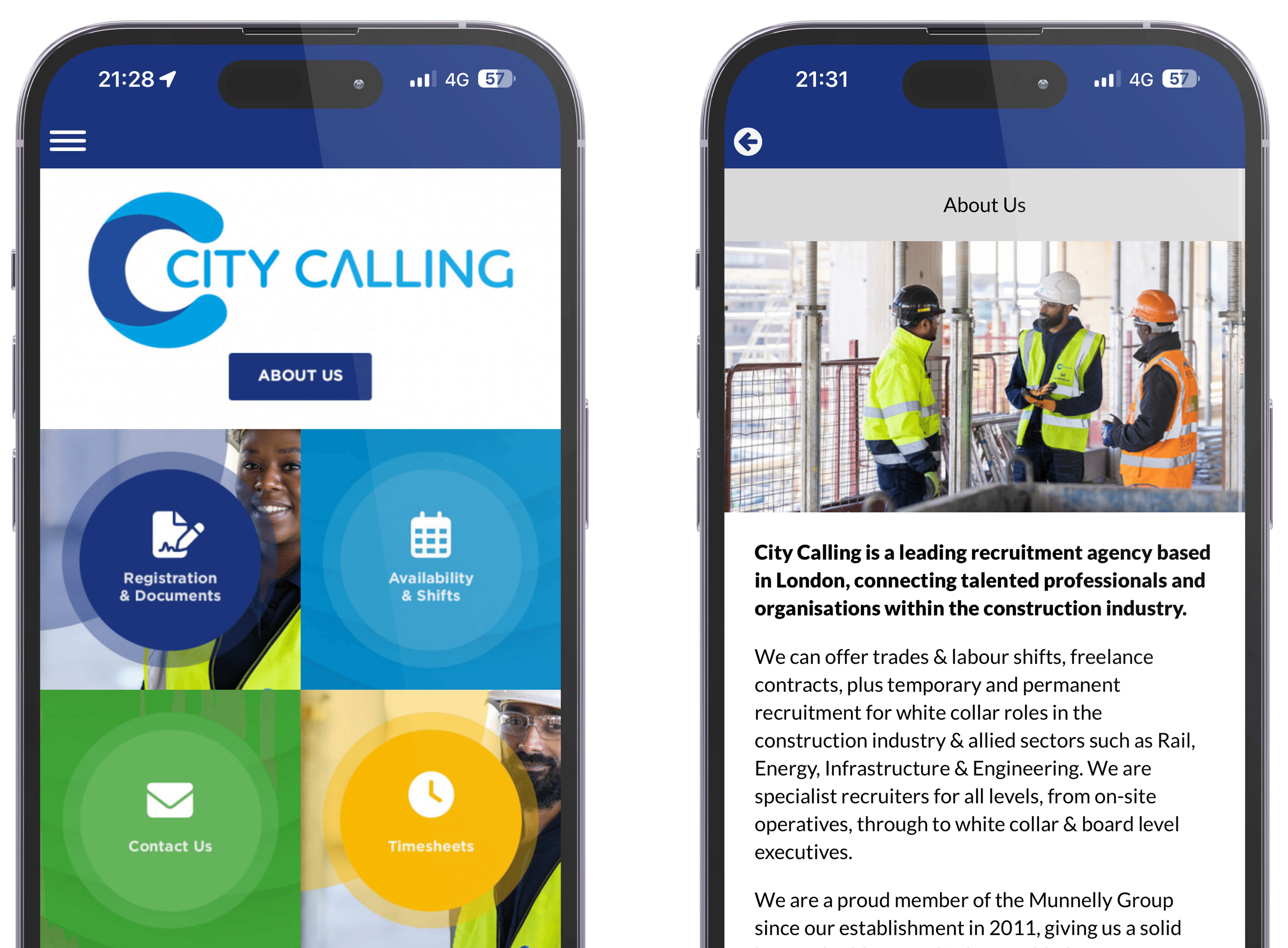 Screenshots of the City Calling mobile app showing the home menu and About Us screen