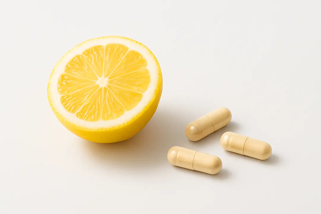 Aufgeschnittene Zitrone mit Eisen Pillen