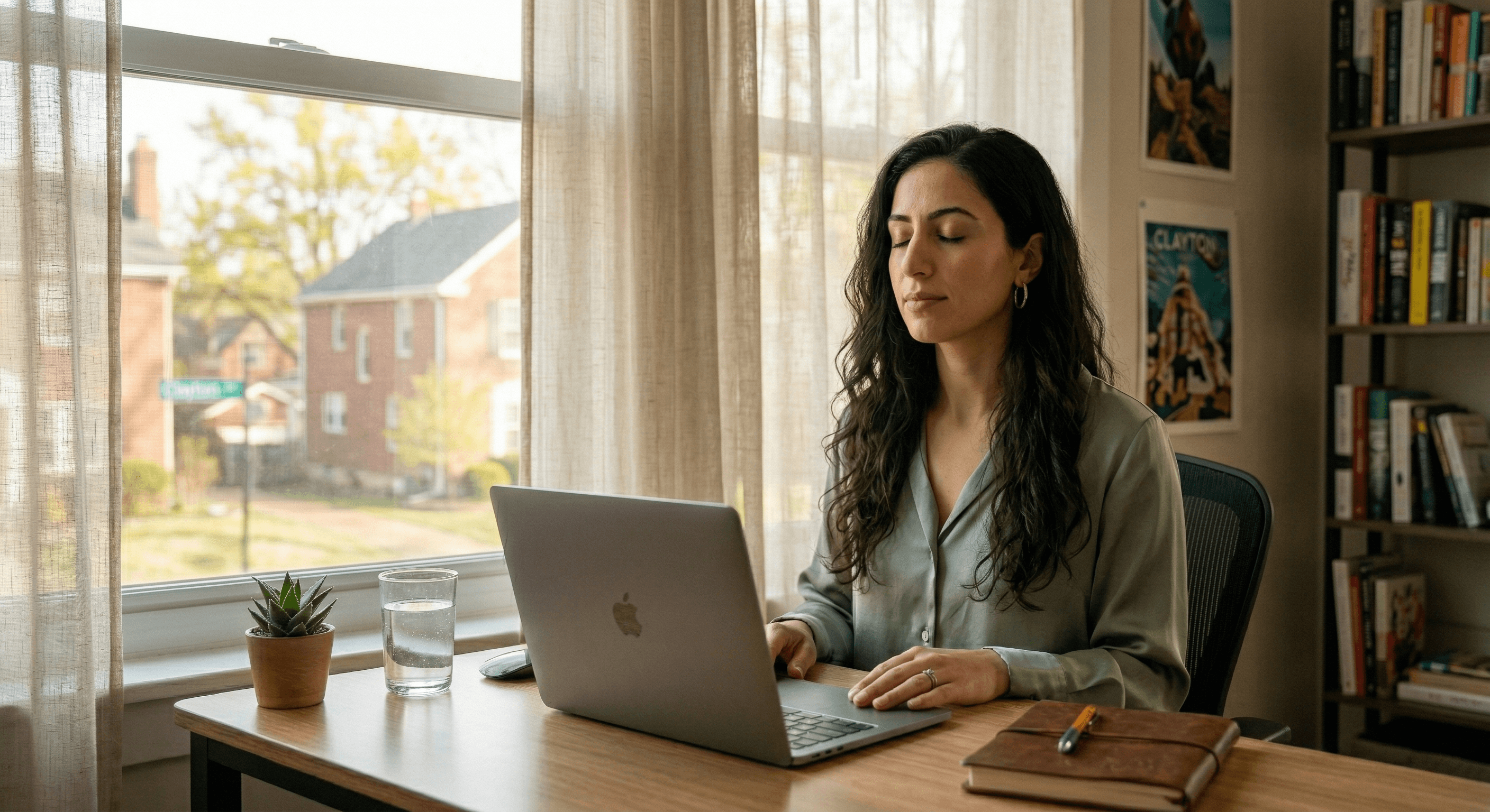 Woman with anxiety taking a calming breath at her home desk before working, supported by a remote work accommodation