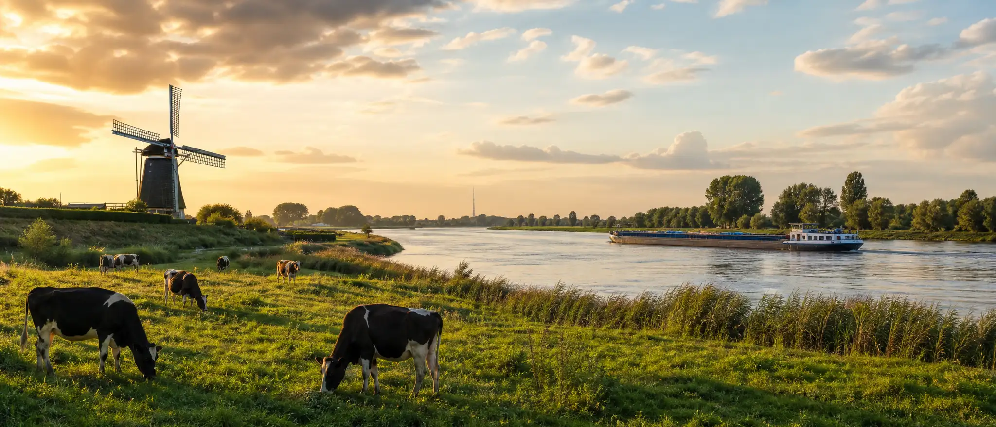 Rheinlandschaft am Niederrhein mit Windrädern, Symbolbild für den Pflegemarkt im westlichen NRW