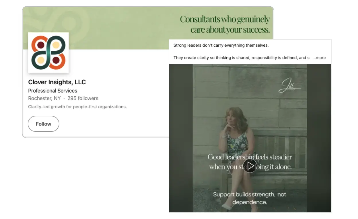 Clover Insights LinkedIn profile featuring leadership consulting and professional services.