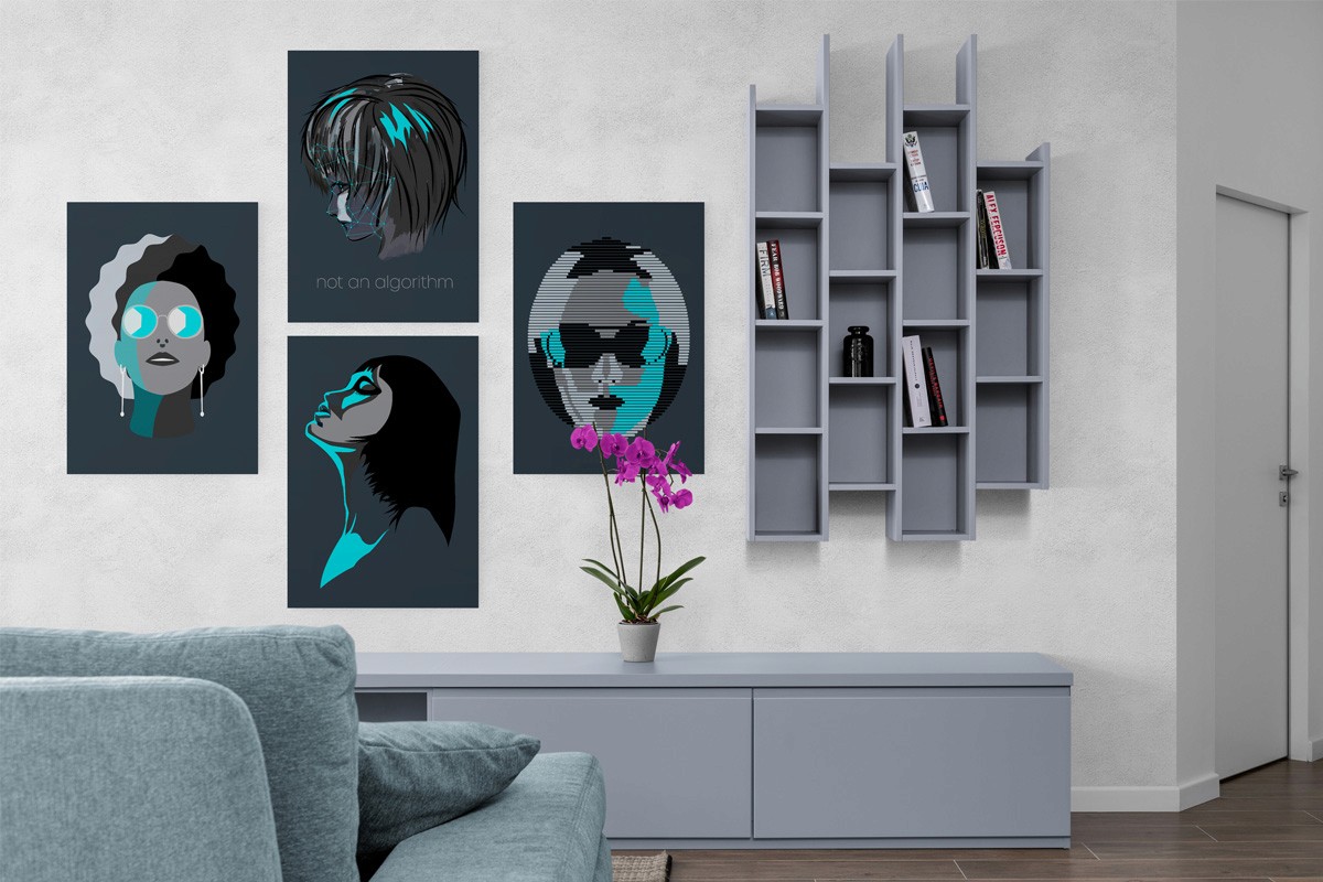 4 monochrome posters on a wall