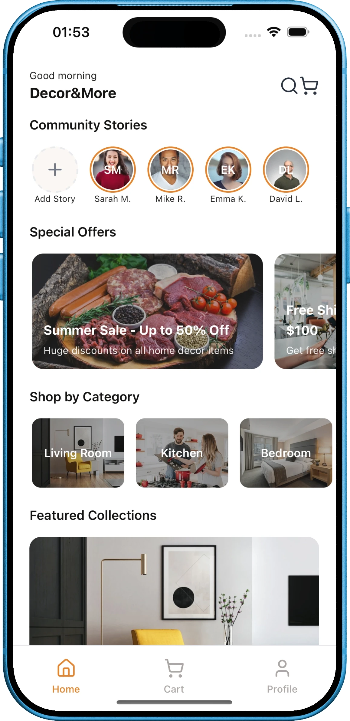 A blue iPhone running an app called Decor&More with different cards and an Instagram story-like interface