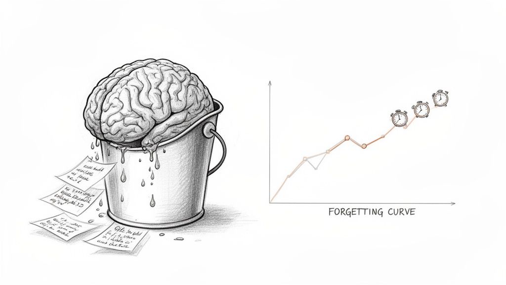 Visual metaphor of a leaky memory bucket with notes falling out, illustrating the forgetting curve.