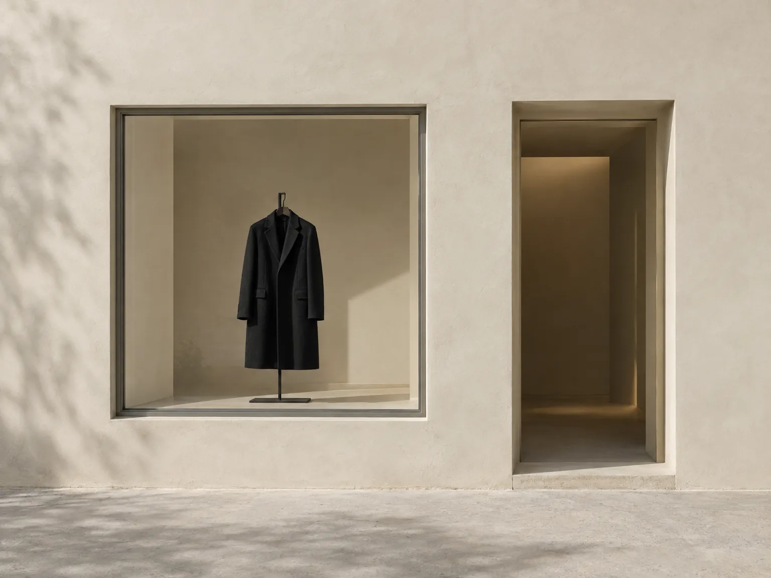 Minimal oat plaster shopfront with a black overcoat in the window