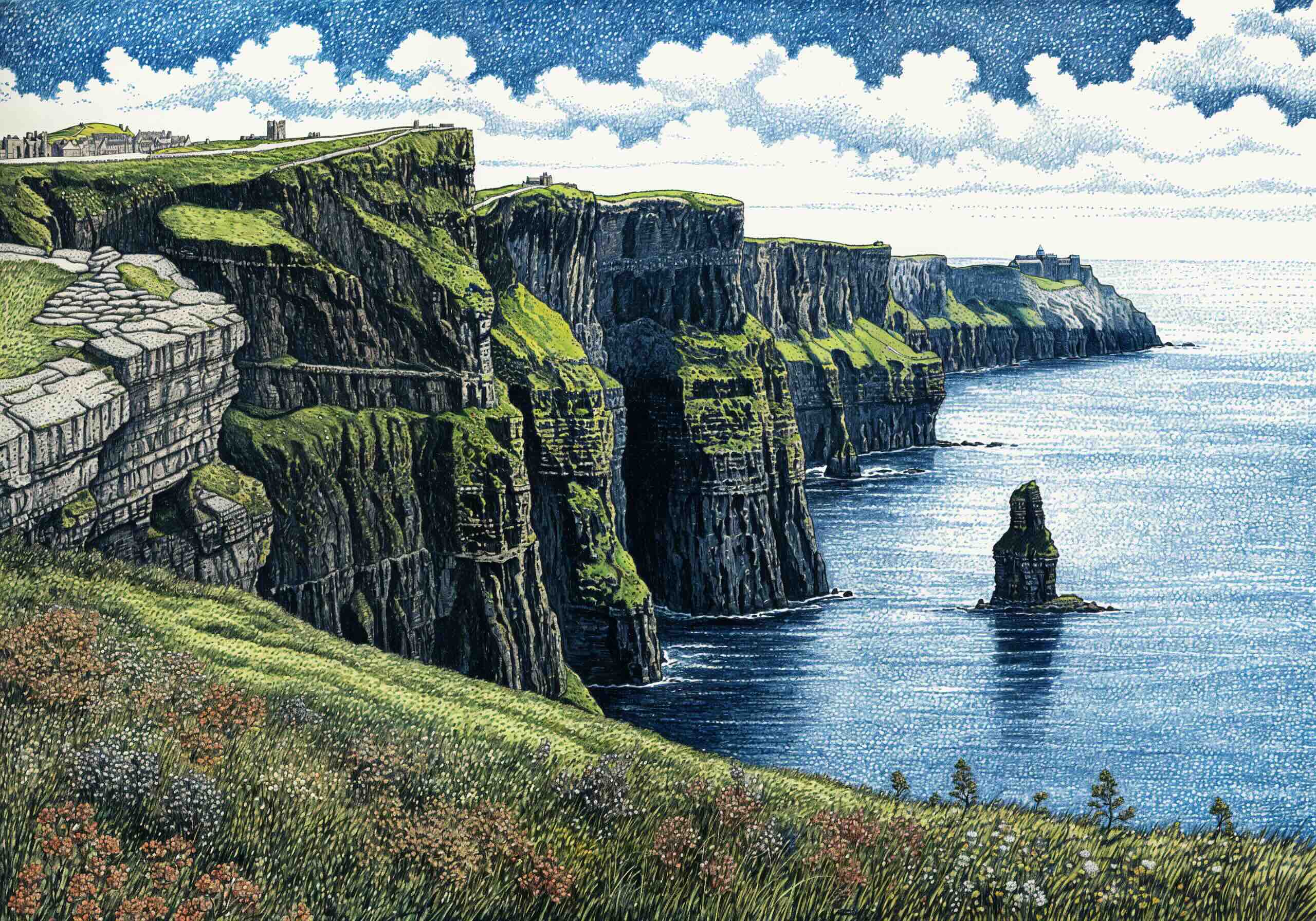 Detailed illustration of the Cliffs of Moher in Ireland, showcasing dramatic green cliffs rising above the Atlantic Ocean, with a rugged coastline and wildflowers in the foreground.