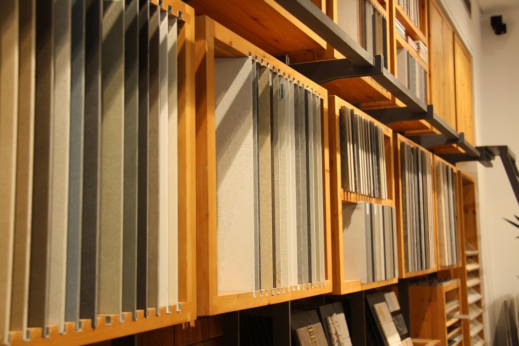 Close-up of the wooden sample shelves
