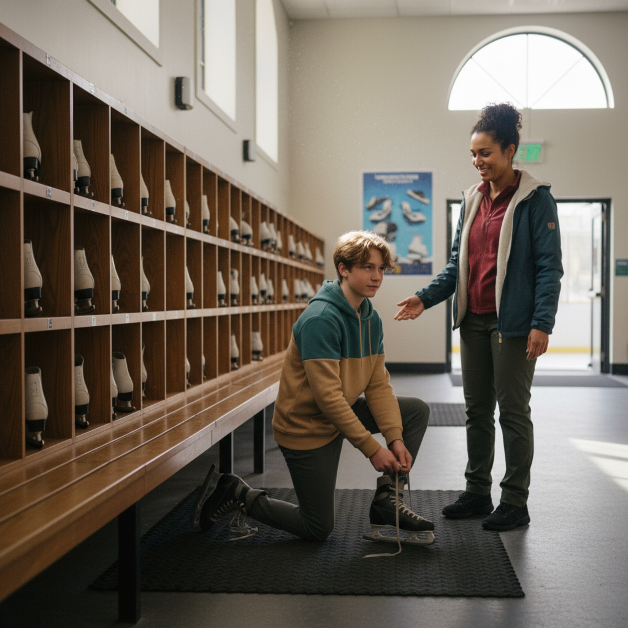 Neben einem Regal mit ordentlich sortierten Schlittschuhen probiert ein Teenager ein Paar an, kniet auf einer Bank und zieht die Schnürsenkel fest. Eine Helferin zeigt auf die richtige Größe und lächelt bestätigend. Die Szene wirkt leicht, organisiert und warm ausgeleuchtet.