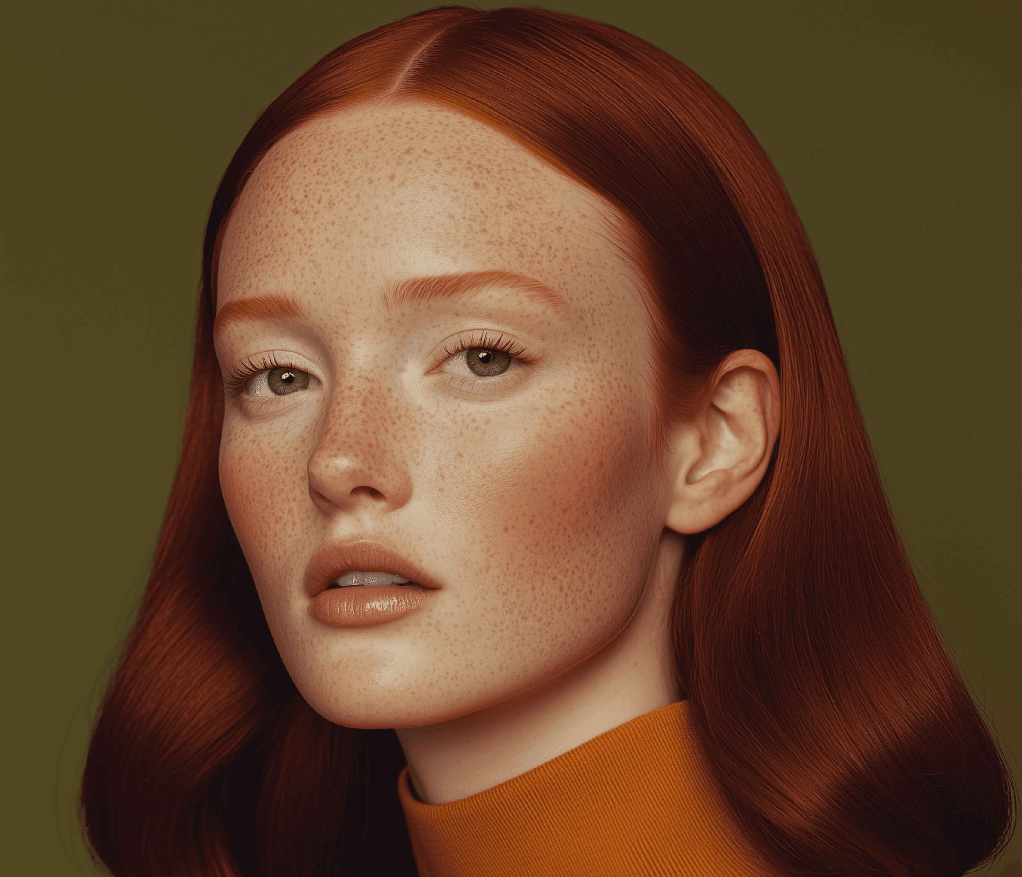 Close-up of freckled woman on orange backdrop.