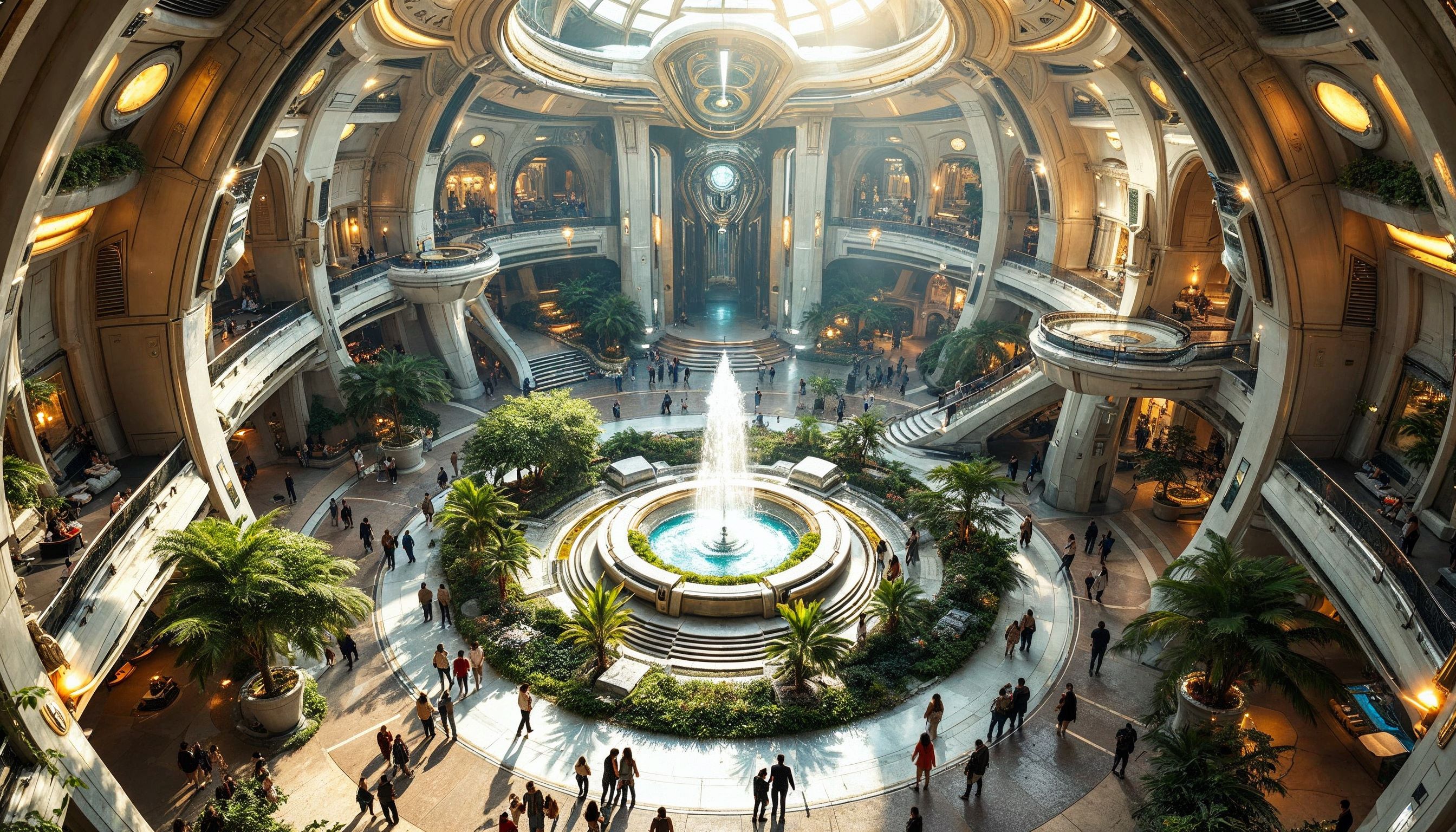 A grand, circular atrium features a central fountain surrounded by lush greenery. Crowds of people walk along the multiple levels of an intricately designed, futuristic interior under a glass dome ceiling with warm, natural light streaming in.