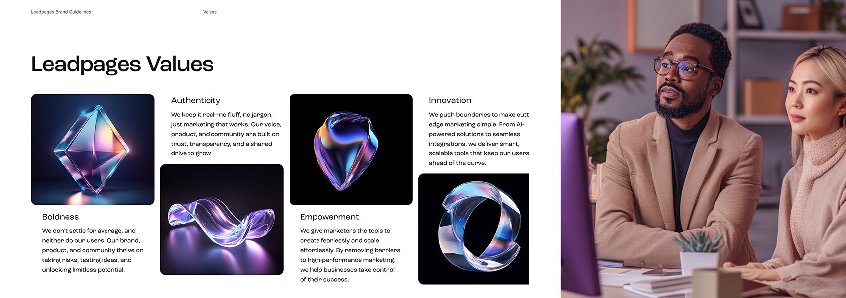 Image of brand guidelines—comprised of multiple designs and a photo of two coworkers collaborating