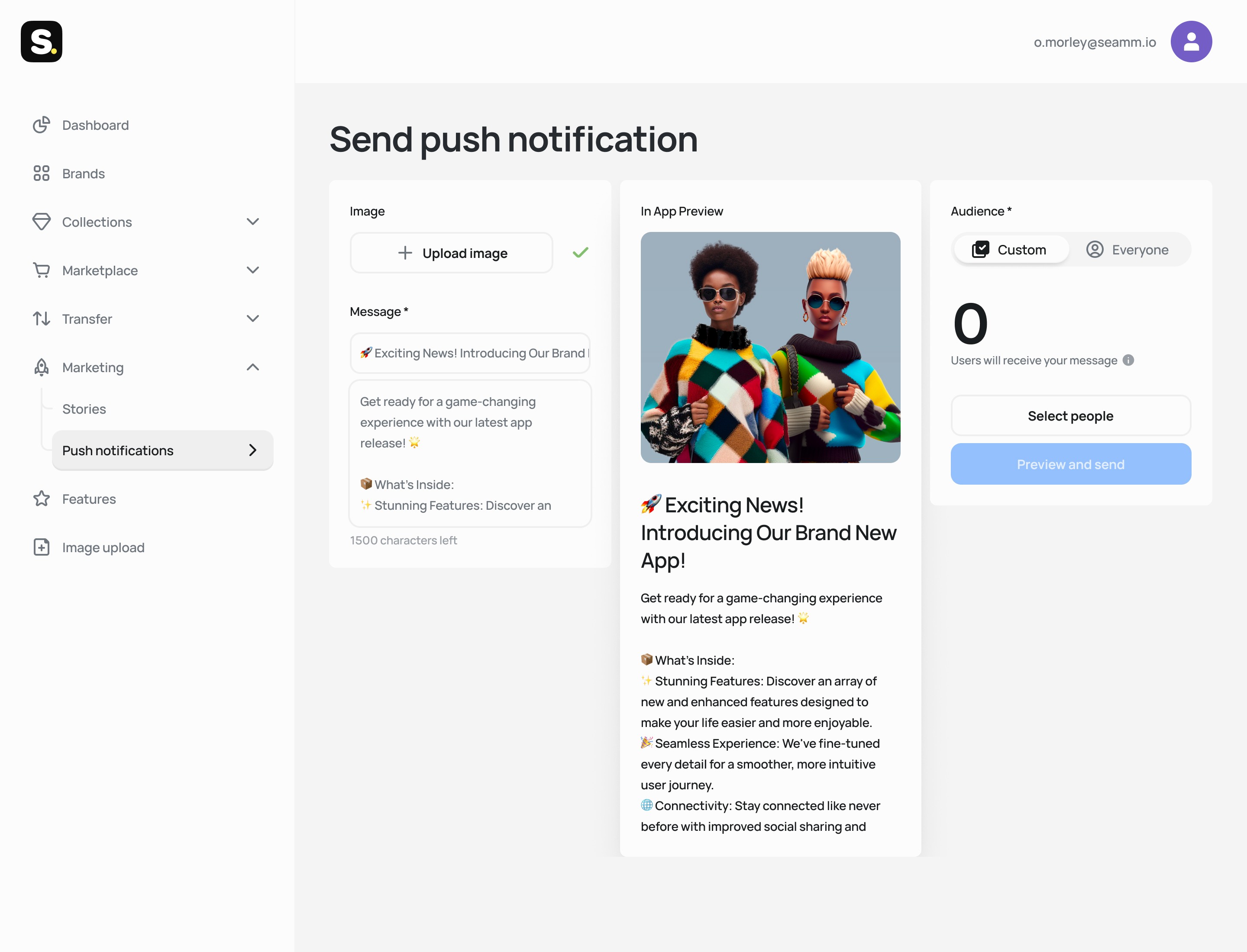 Screenshot: Notification composer with real-time device preview