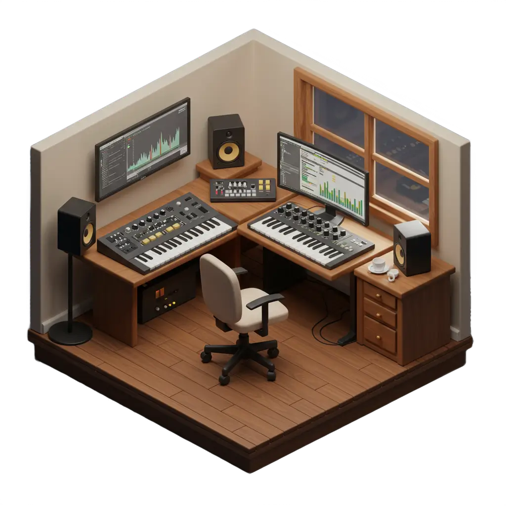  A sleek, modern home music studio occupies a compact corner room, featuring dual widescreen monitors on an L-shaped desk. One monitor displays audio waveforms, while the other shows design-related graphs, symbolizing the blend of music production and digital design. Prominent studio monitors (speakers) and multiple synthesizer keyboards highlight advanced audio capabilities. The setup is anchored by a comfortable chair and professional audio equipment, with sunlight streaming in through a large window, suggesting inspiration and creativity. The room’s organization, quality gear, and digital workspace reflect the professional environment of Fab, founder of Supadark—a Framer design and sonic branding agency—where sound creation and visual design merge seamlessly.  [1] https://pplx-res.cloudinary.com/image/private/user_uploads/68760702/216b459d-29f1-45c3-8790-61e41f00cdcf/Home-Studio.jpg