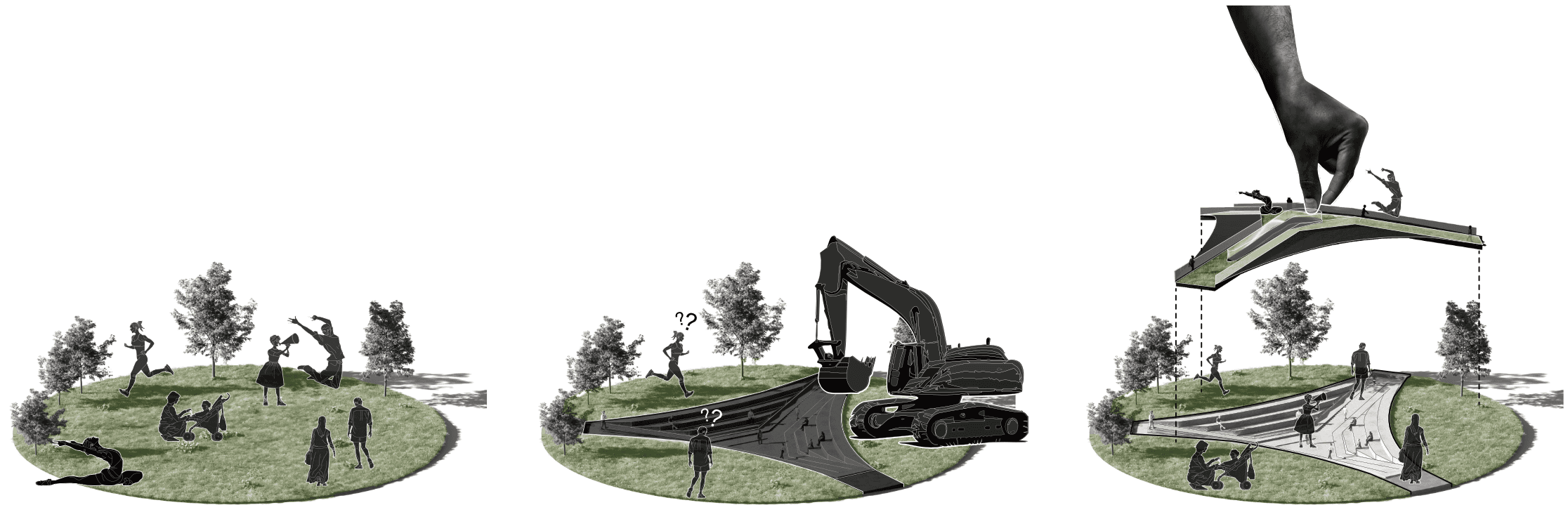 Grange Park functions as an informal urban backyard; the pavilion carefully introduces a performative program while respecting and enhancing the site’s existing openness and everyday public use.