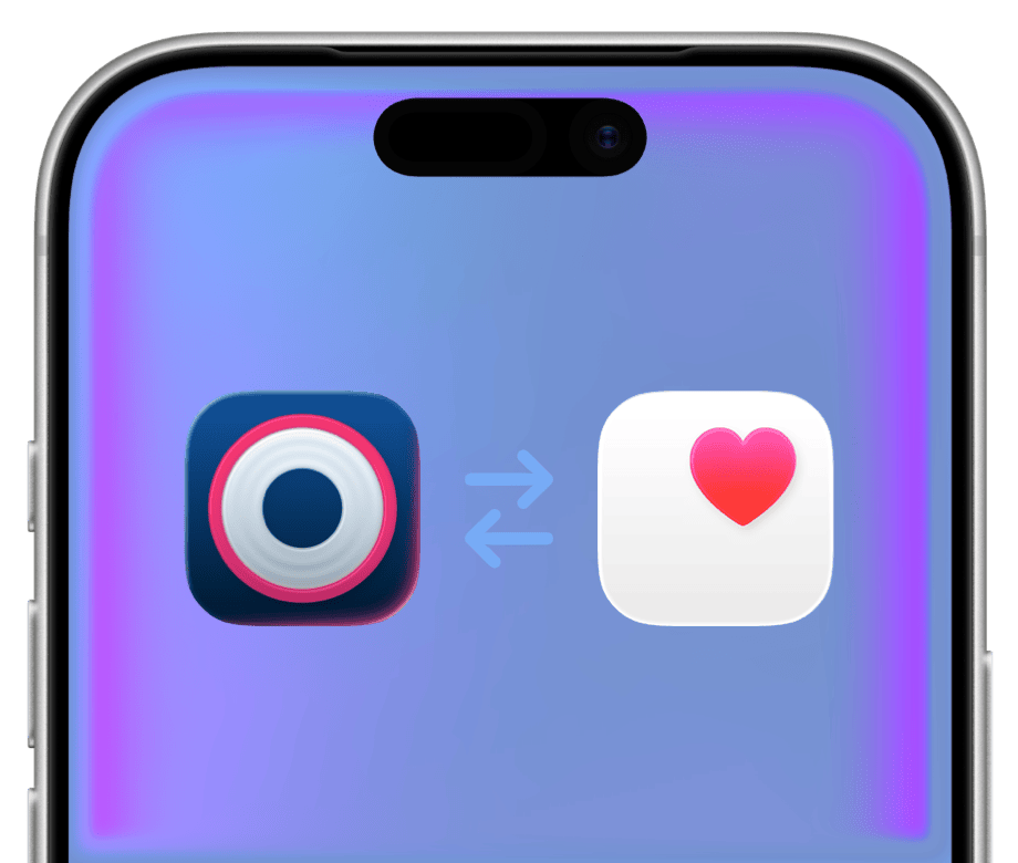 The Outsiders privacy feature showing local data processing with app icon and Apple Health icon connected by arrows on iPhone. Lock icon symbolizes security. All training analysis happens on-device with no cloud storage, user accounts, or data sharing with AI models or ad platforms. Privacy-first fitness tracking for athletes who want training readiness and recovery insights without compromising personal health data security.