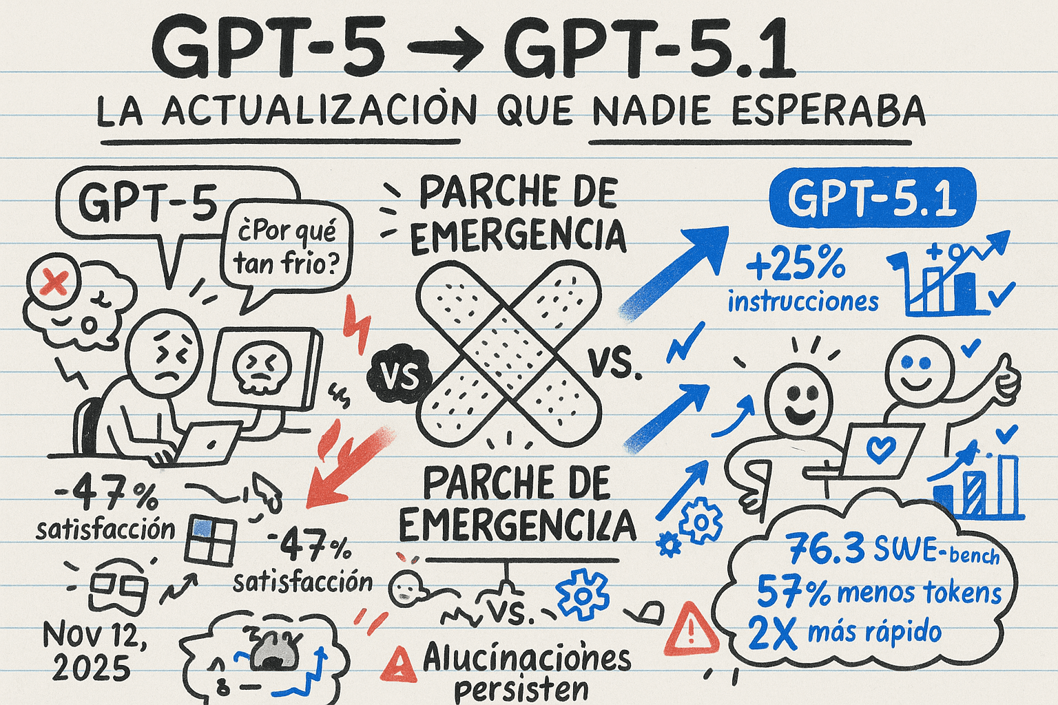 Ilustración comparativa GPT-5 vs GPT-5.1 mostrando mejoras en instrucciones, costos y velocidad en estilo doodle sobre cuaderno