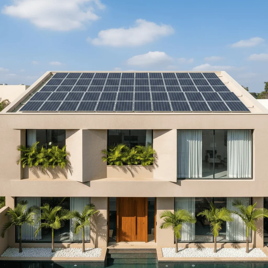Modern two-storey house with solar panels on the roof and plants on the balconies