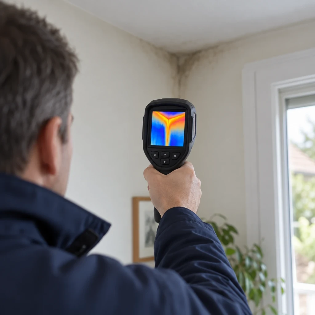 Expert bâtiment pointant une caméra thermique vers l’angle d’un mur et d’un plafond