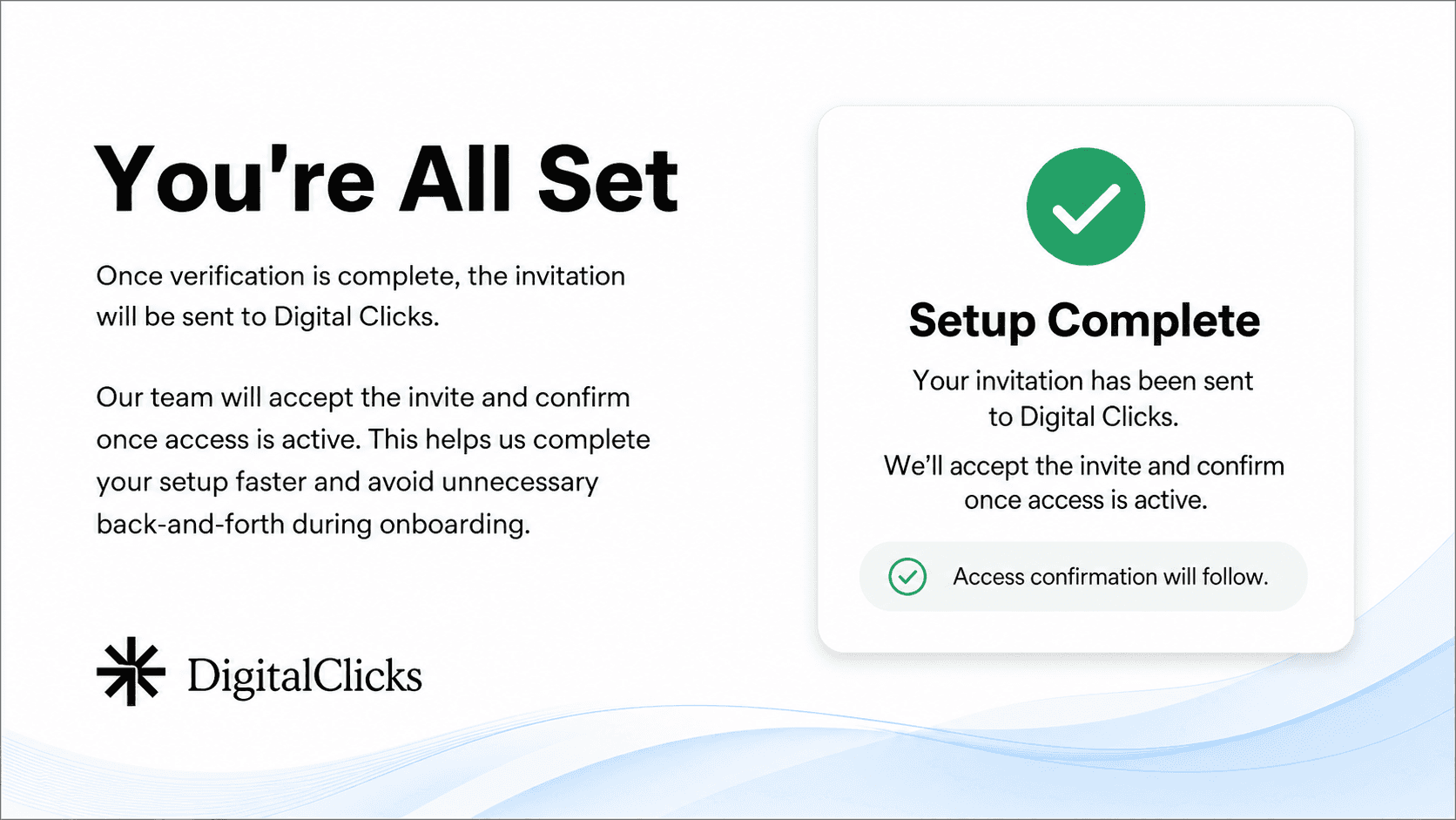 Final confirmation slide saying the YouTube account invitation has been sent to Digital Clicks.