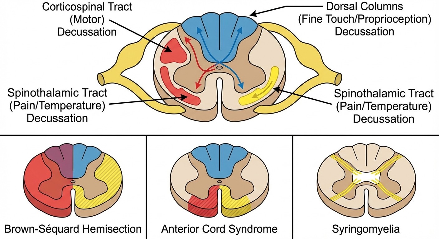 Spinal cord tract anatomy and classic syndrome patterns for USMLE Step 1