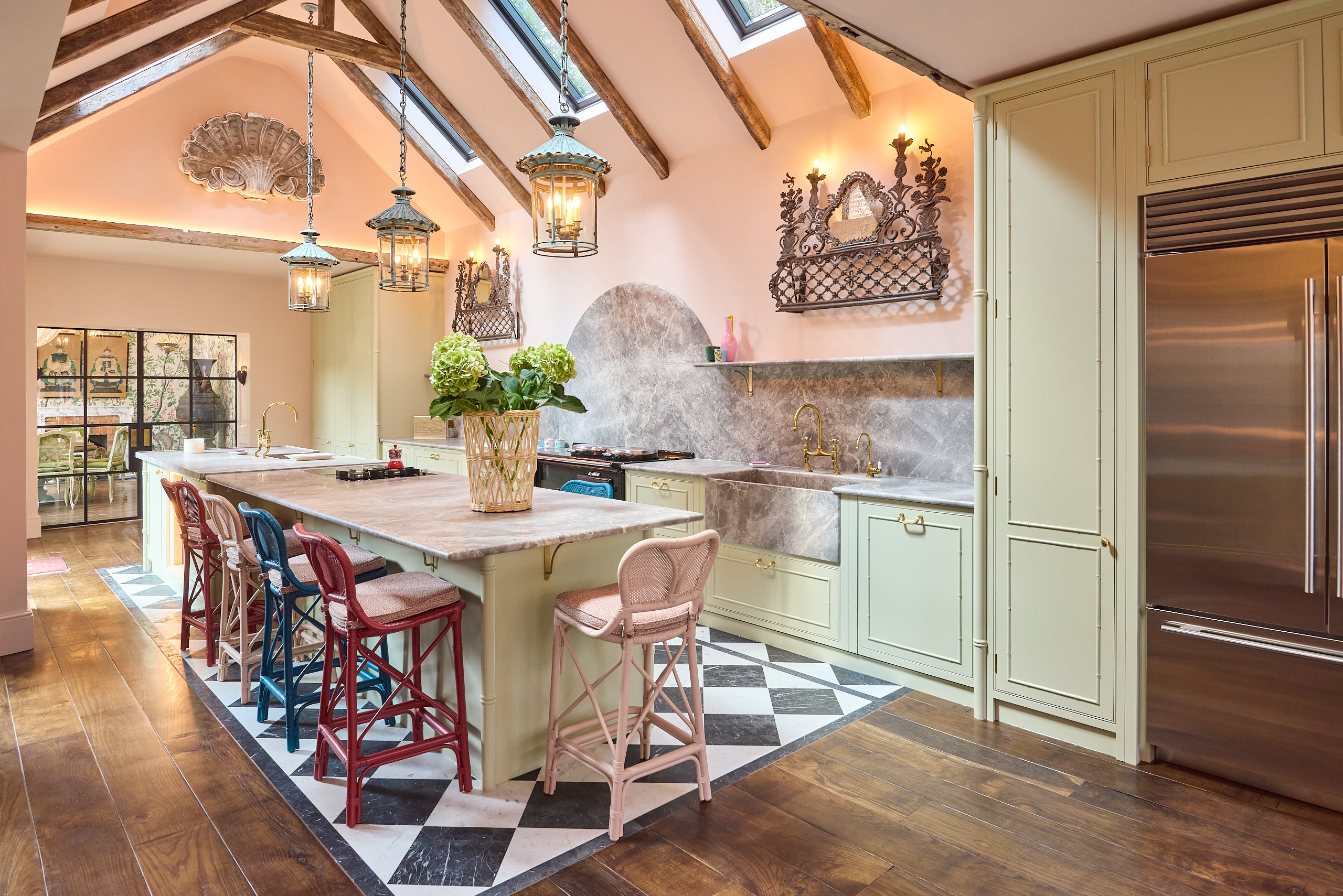 Pastel Kitchen - beautiful colours. Bamboo turnings - entirely bespoke scheme - Bespoke luxury kitchens, sevenoaks kent - Farrow and Ball's Eau De Nile, Paolo Moschino Bar stools