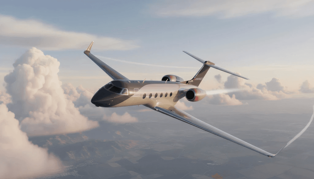 A sleek private jet flying above the clouds, shown from the front and side with its wings and twin rear-mounted engines visible.