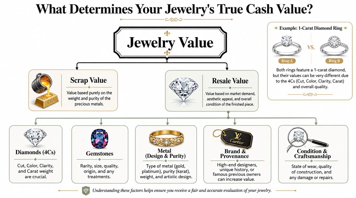 A flowchart explaining the factors that determine jewelry value, including scrap value and resale value components.