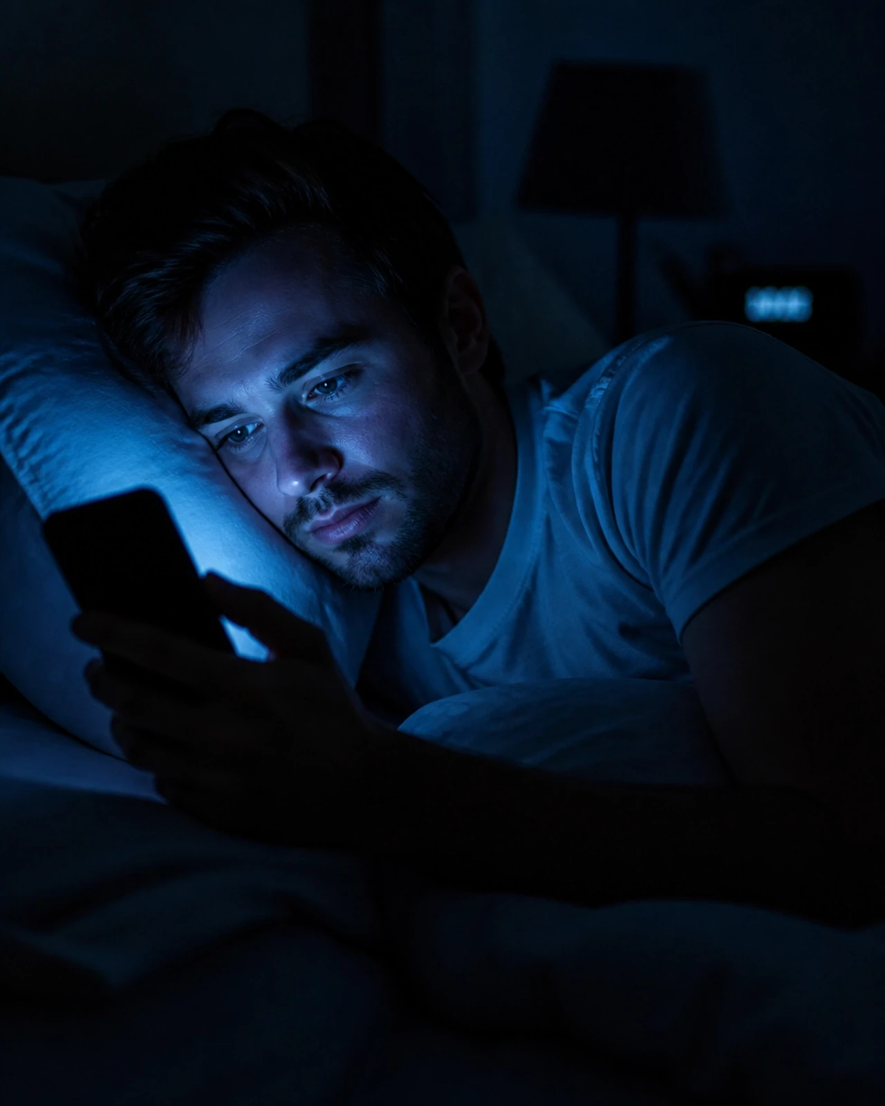 A person checking their smartphone in a dark bedroom, representing a reactive start to the day.